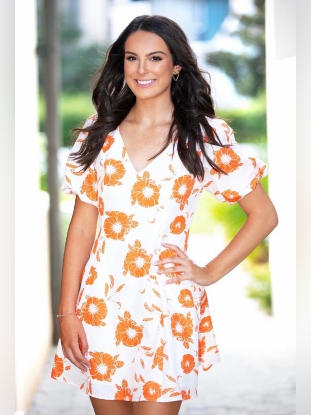 Lena White with Orange Floral Puff Sleeve Dress Size S - Picture 9 of 9
